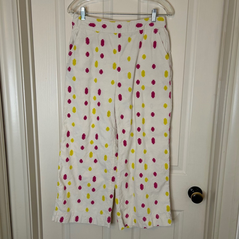 Anthropologie Pink Yellow Tufted Geometric Wide Leg Crop Pants White Size 8